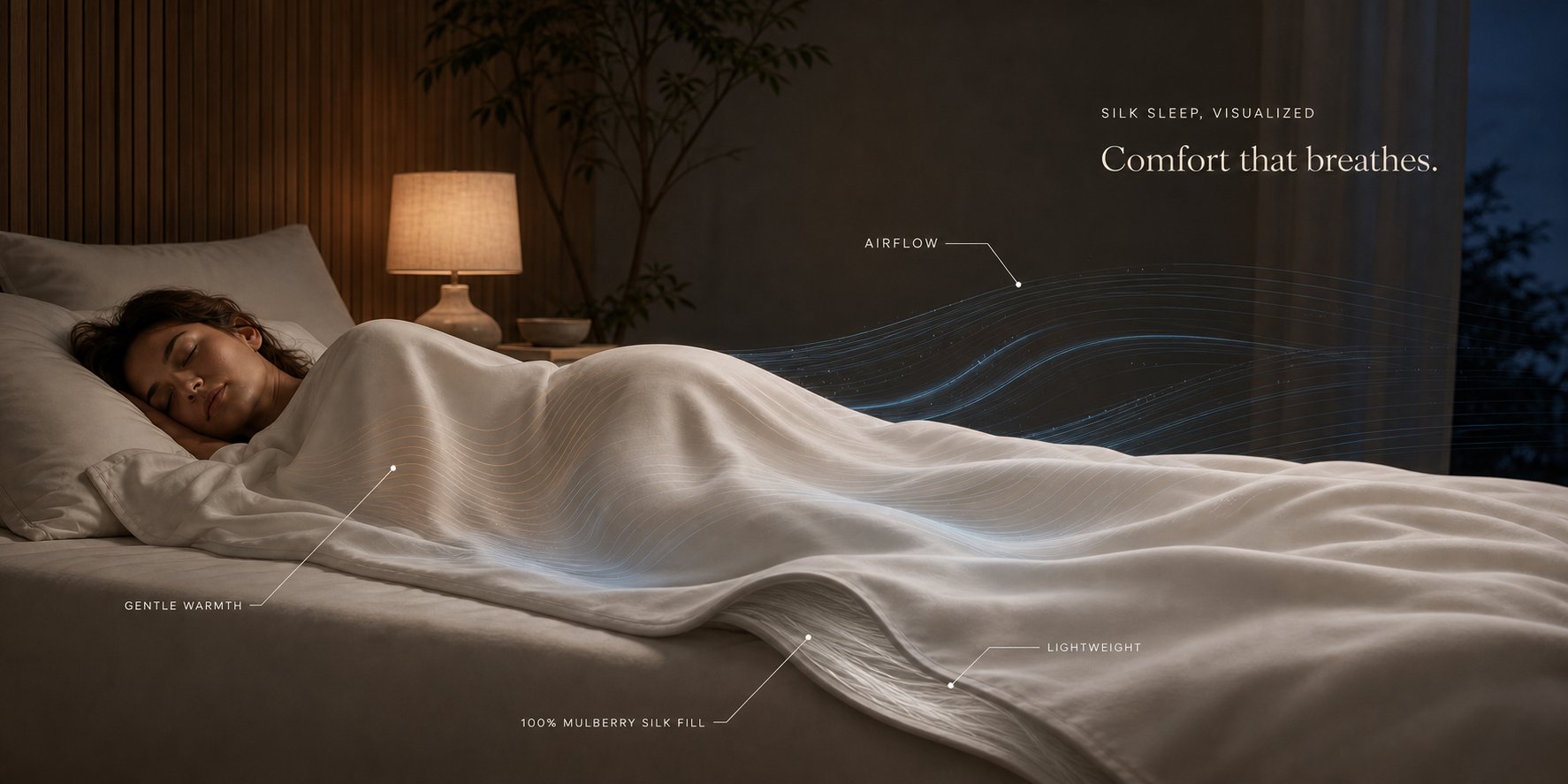 A sleeper beneath a lightweight silk duvet with airflow, gentle warmth, and mulberry silk fill visualized
